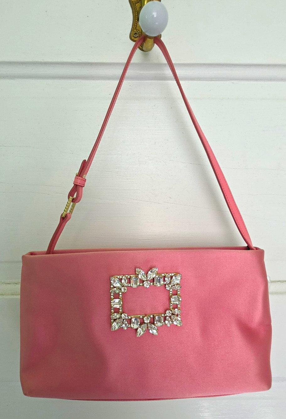 Roger Vivier Pink Satin Shoulder Bag Crystal Buckle Zip Top Gold HW w/COA